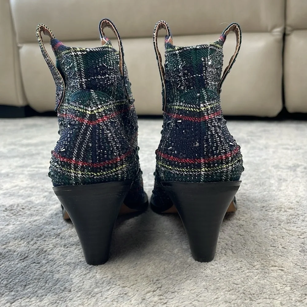 New Jessica Simpson Zadie Rhinestone Plaid Tartan Ankle Boots Western Sz 5.5
